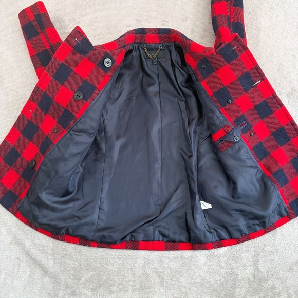 J.Crew Double Breasted Pea Coat Jacket in Red Buffalo Plaid 100% Wool Women 2 - Picture 4 of 12